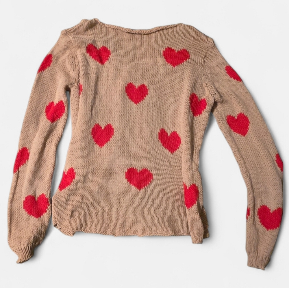 Wooden Ships Heart Patterned Tan and Red Sweater size S/M